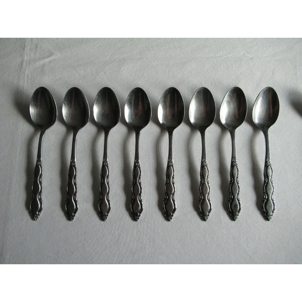 Lot of 9 National Stainless Marquee 8 Teaspoon +1 Sugar Spoon Japan Vintage 6.2